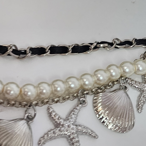 Silver 3 Strand Chain Bracelet Pearls, Seashell Starfish - Picture 3 of 6